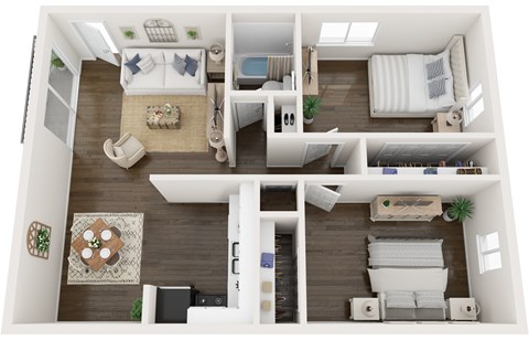 A top-down view of a small apartment with a living room, kitchen, and bedroom.